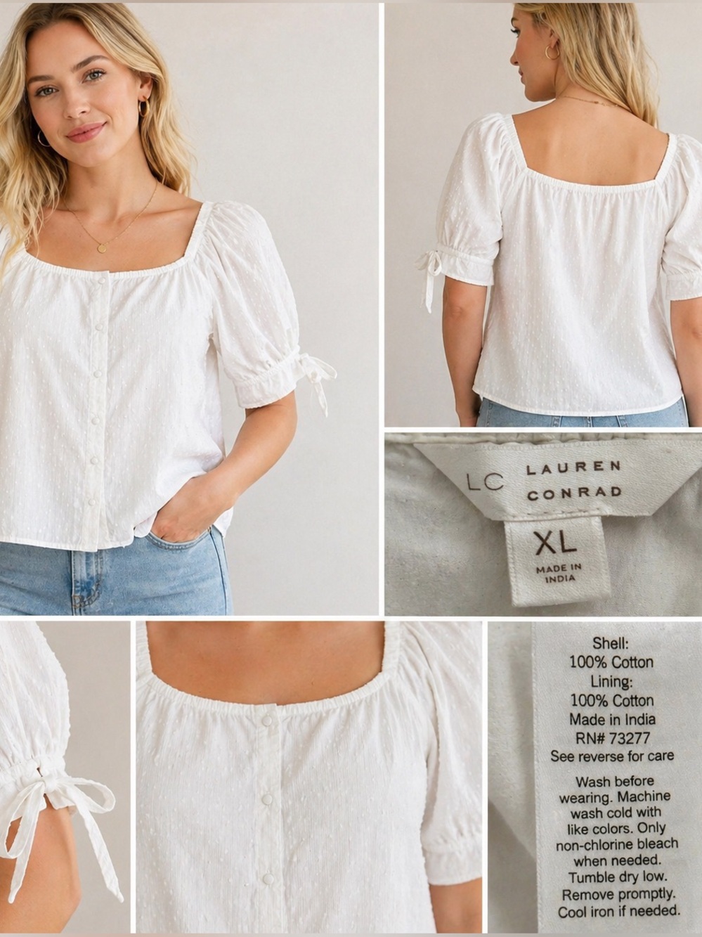 LC Lauren Conrad White Swiss Dot Puff Sleeve Blouse XL Cottagecore Peasant Top‎